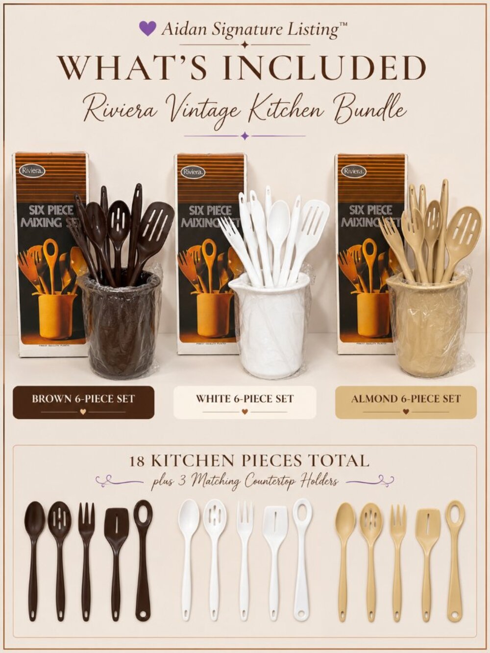 Vintage Riviera 6 Piece Plastic Kitchen Utensil Mixing Set Bundle - Picture 2 of 4